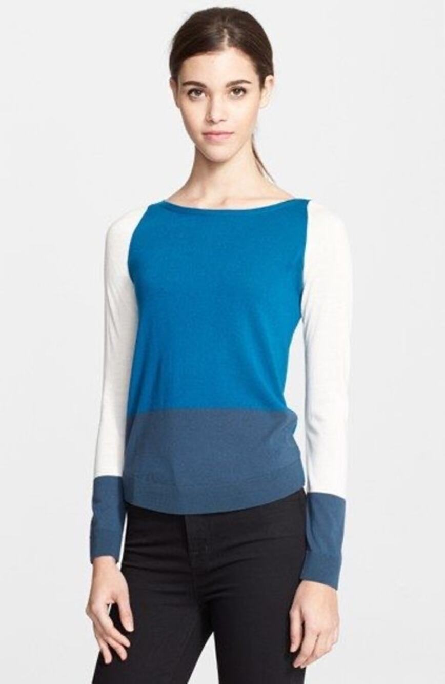 Akris Punto Blue Color Block 100% Wool Long Sleeve Crewneck Sweater Sz US 6